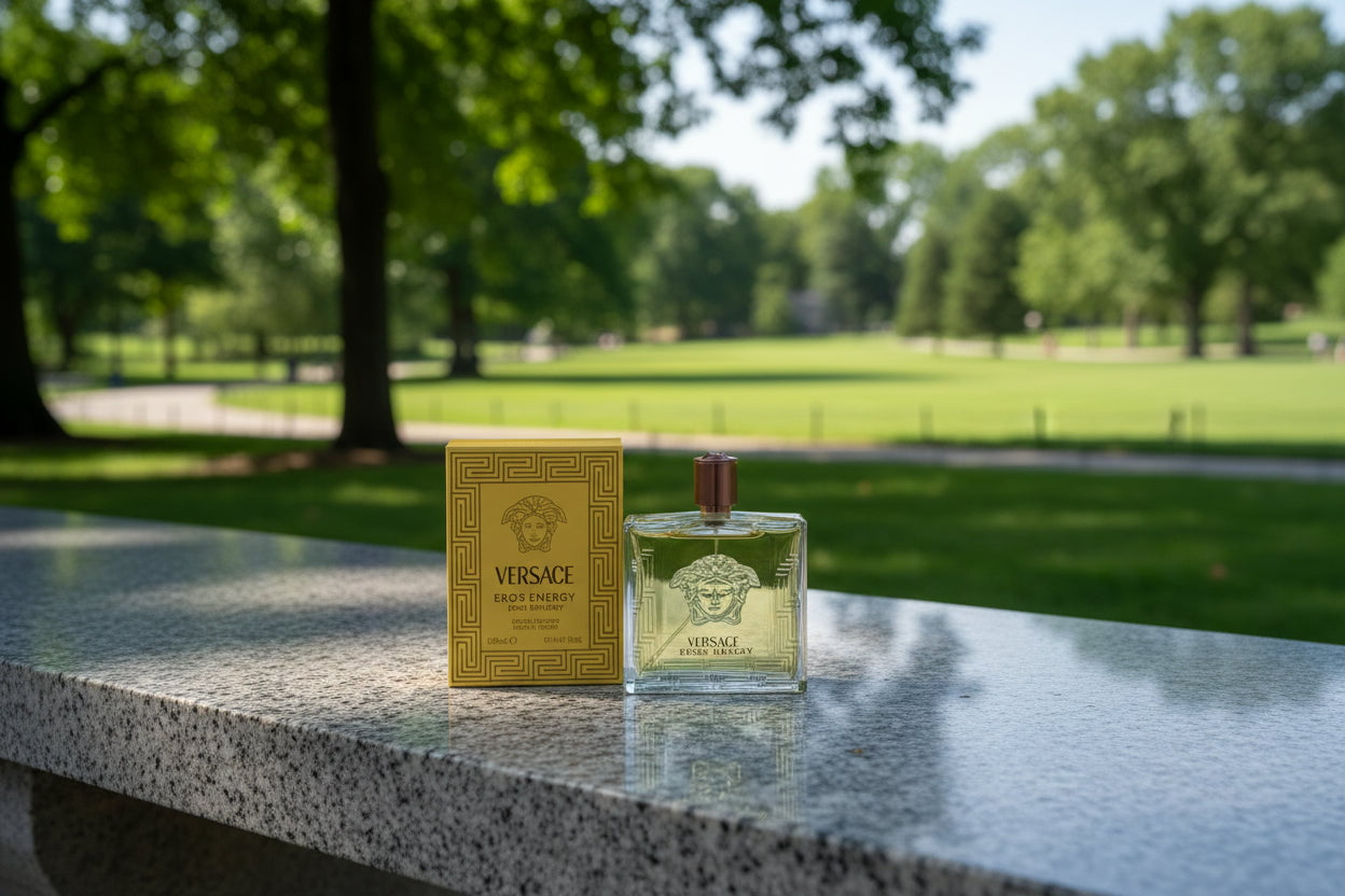 Versace perfume bottle and box on a stone ledge with a park background